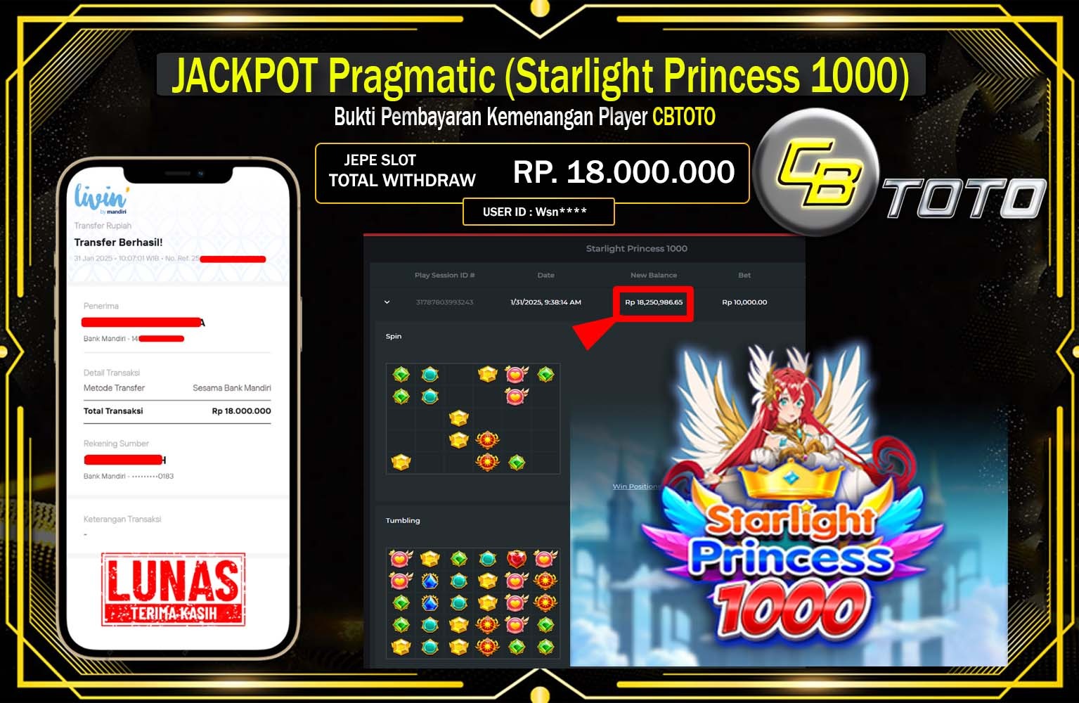 CBTOTO JACKPOT STARLIGHT PRINCESS 1000 Rp.18.000.000,- LUNAS