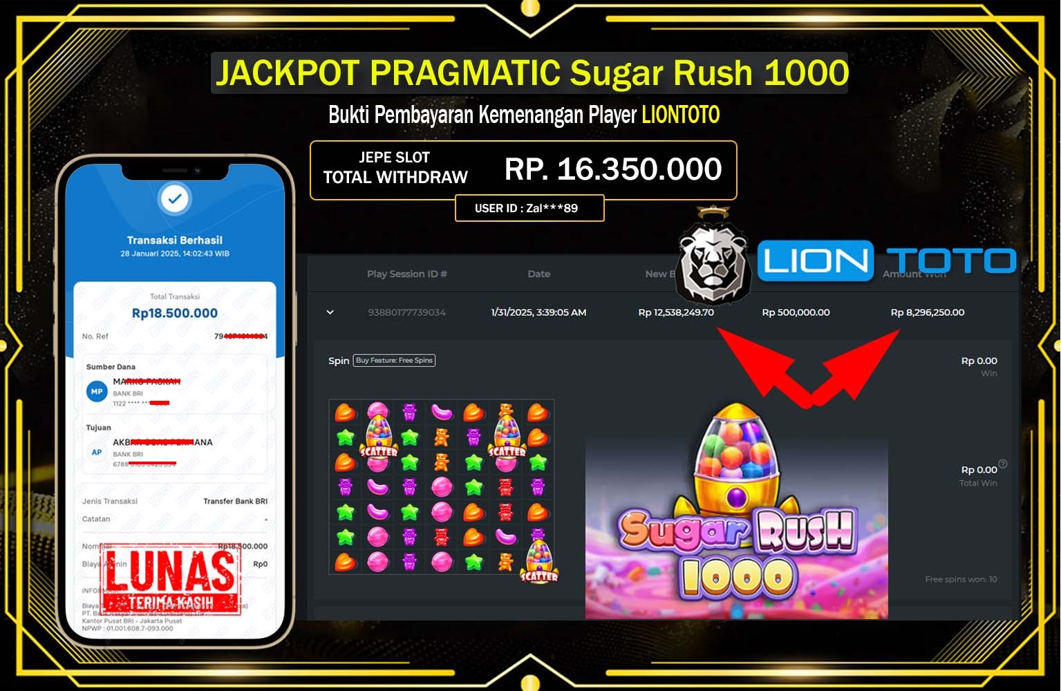 LIONTOTO JACKPOT SUGAR RUSH 1000 Rp.16.350.000,- LUNAS