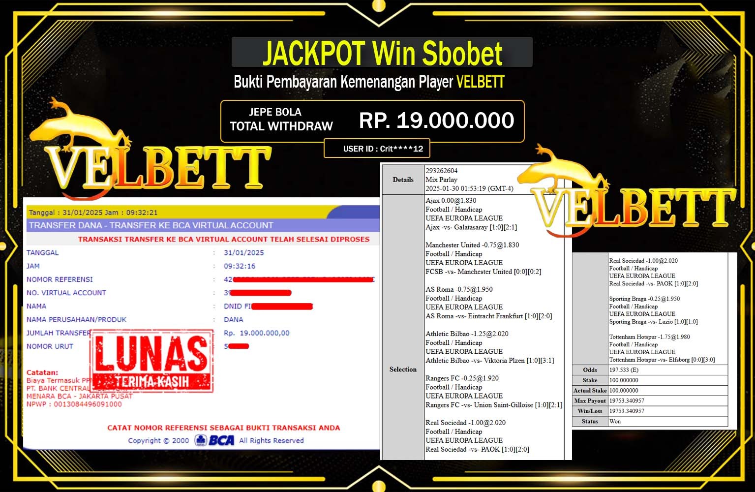 VELBETT JACKPOT SBOBET Rp.19.000.000,- LUNAS