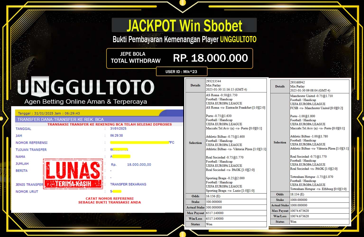 UNGGULTOTO JACKPOT SBOBET Rp.18.000.000,- LUNAS