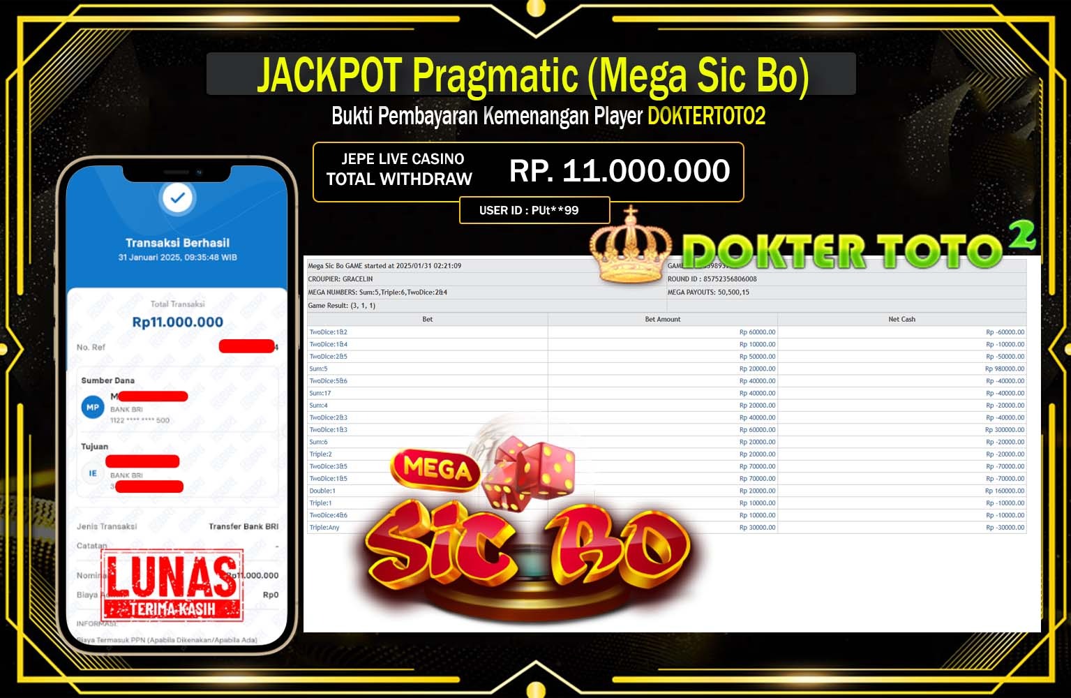 DOKTERTOTO2 JACKPOT MEGA SIC BIO Rp.11.000.000,- LUNAS