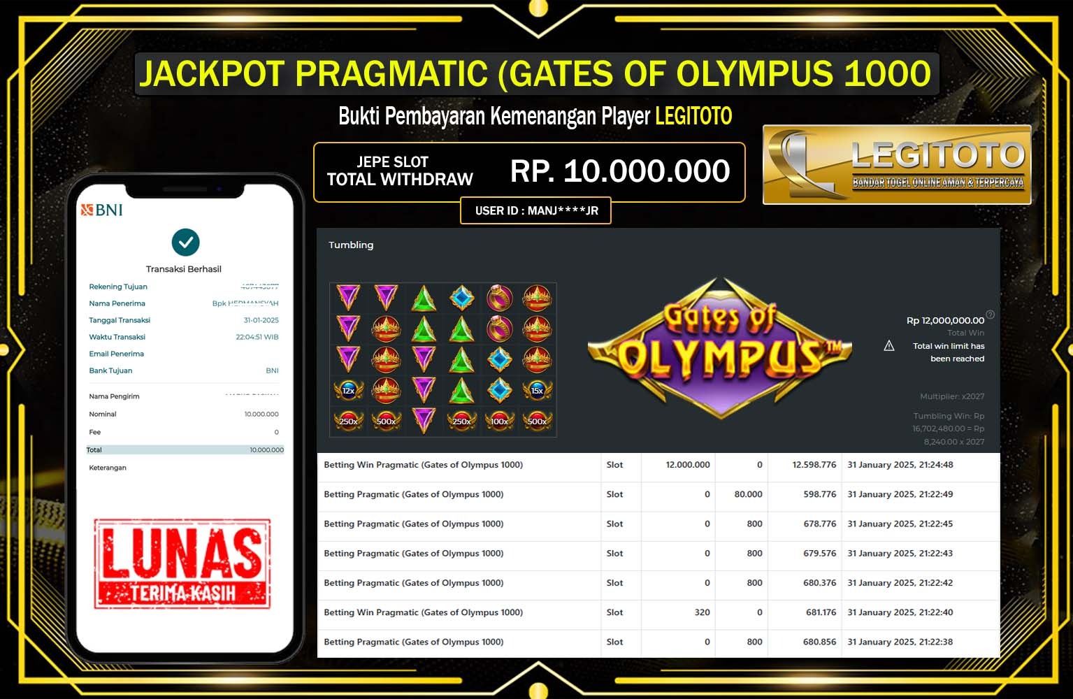 LEGITOTO JACKPOT GATES OF OLYMPUS 1000 Rp.10.000.000,- LUNAS