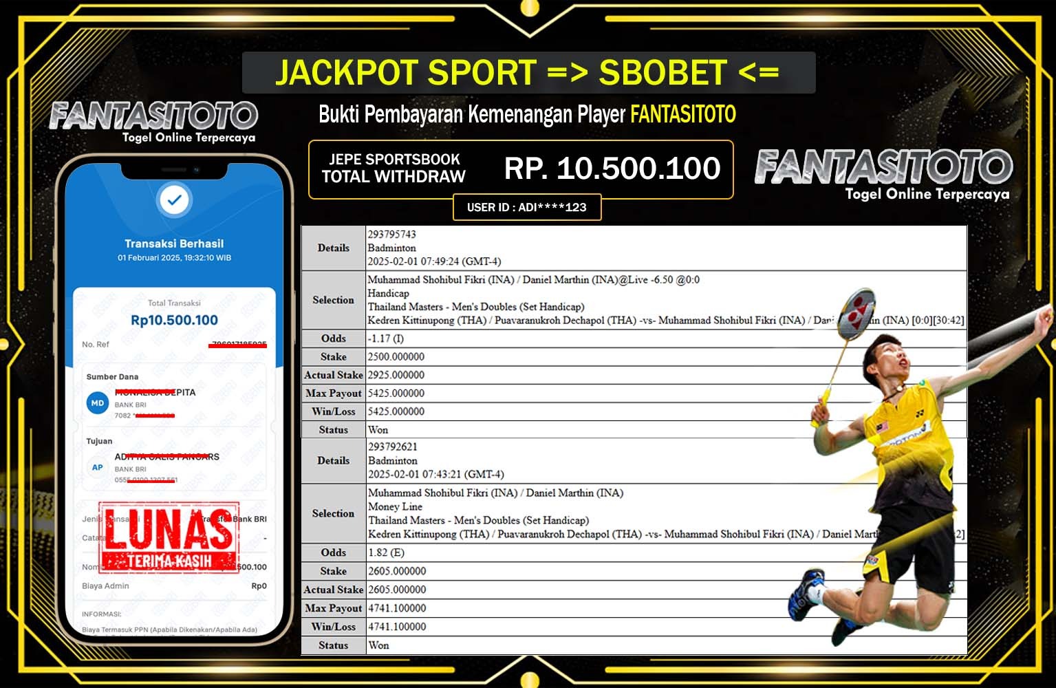 FANTASITOTO JACKPOT SBOBET Rp.10.500.100,- LUNAS