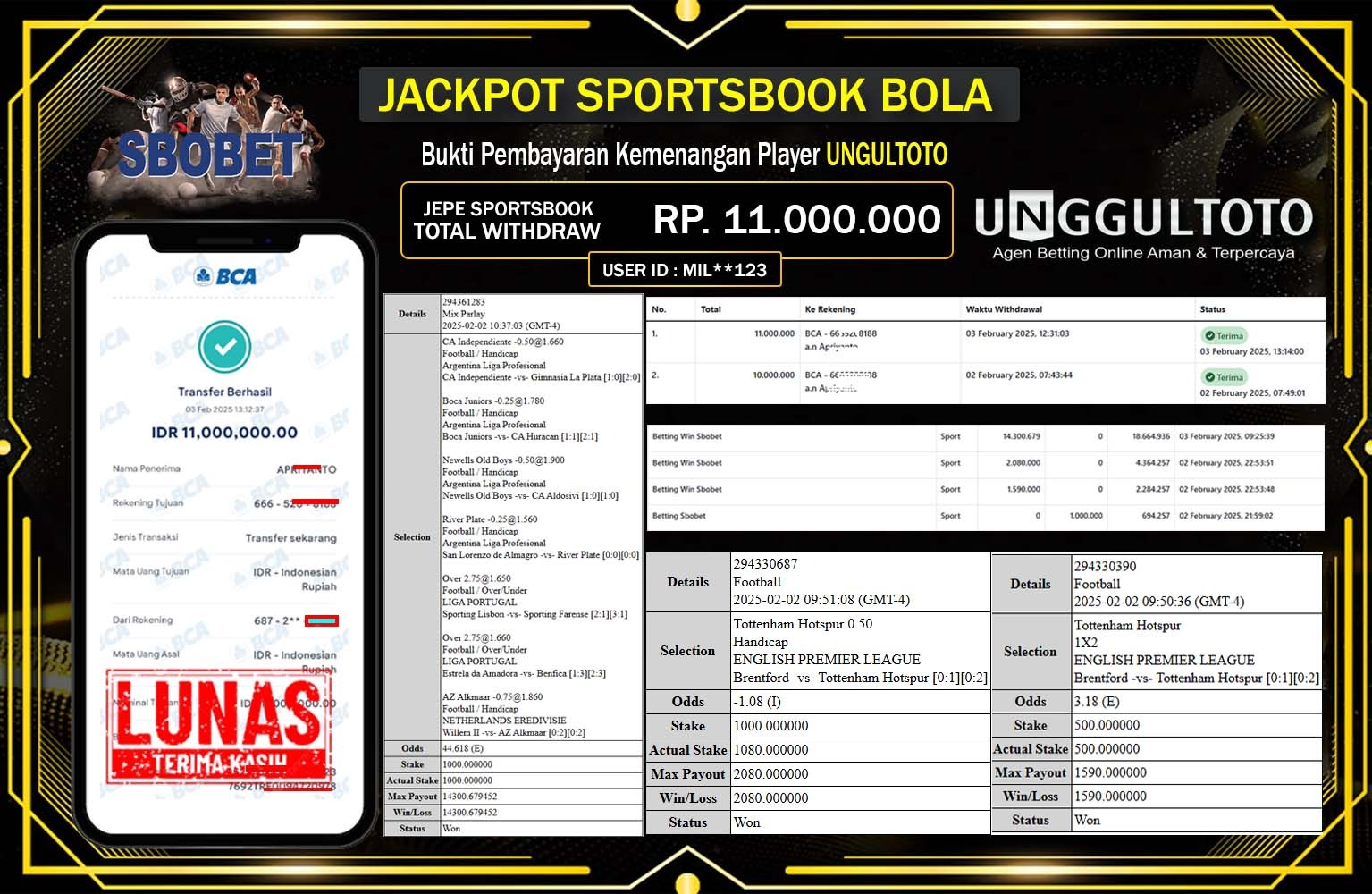 UNGGULTOTO JACKPOT SPORTSBOOK Rp.11.000.000,- LUNAS