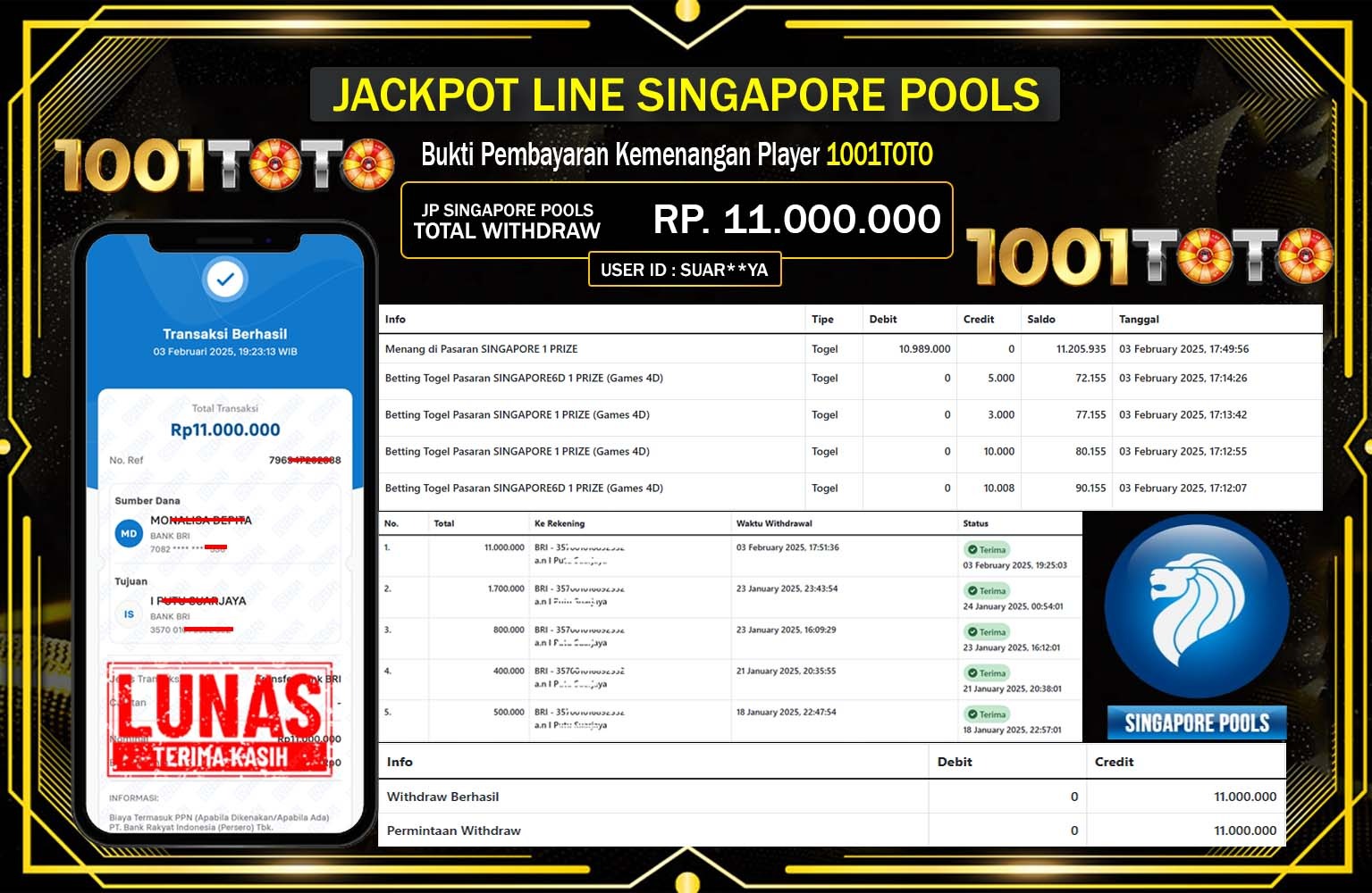 1001TOTO JACKPOT SINGAPORE POOLS Rp.11.000.000,- LUNAS