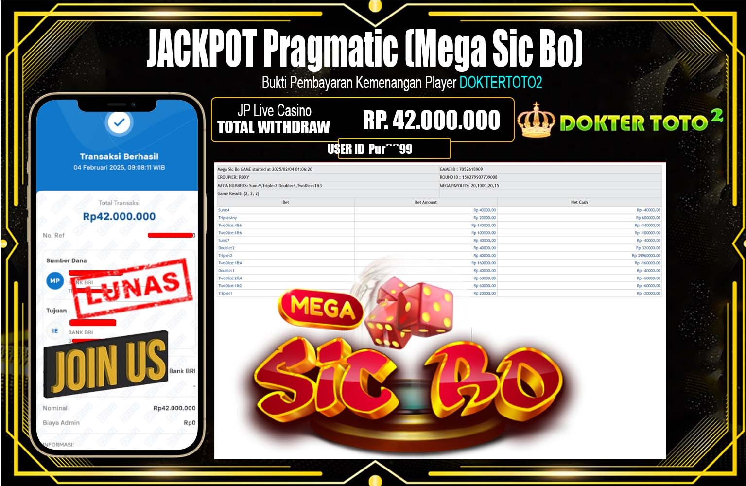 DOKTERTOTO2 JACKPOT Live Casino  Pragmatic (Mega Sic Bo) Rp.42.000.000,- LUNAS