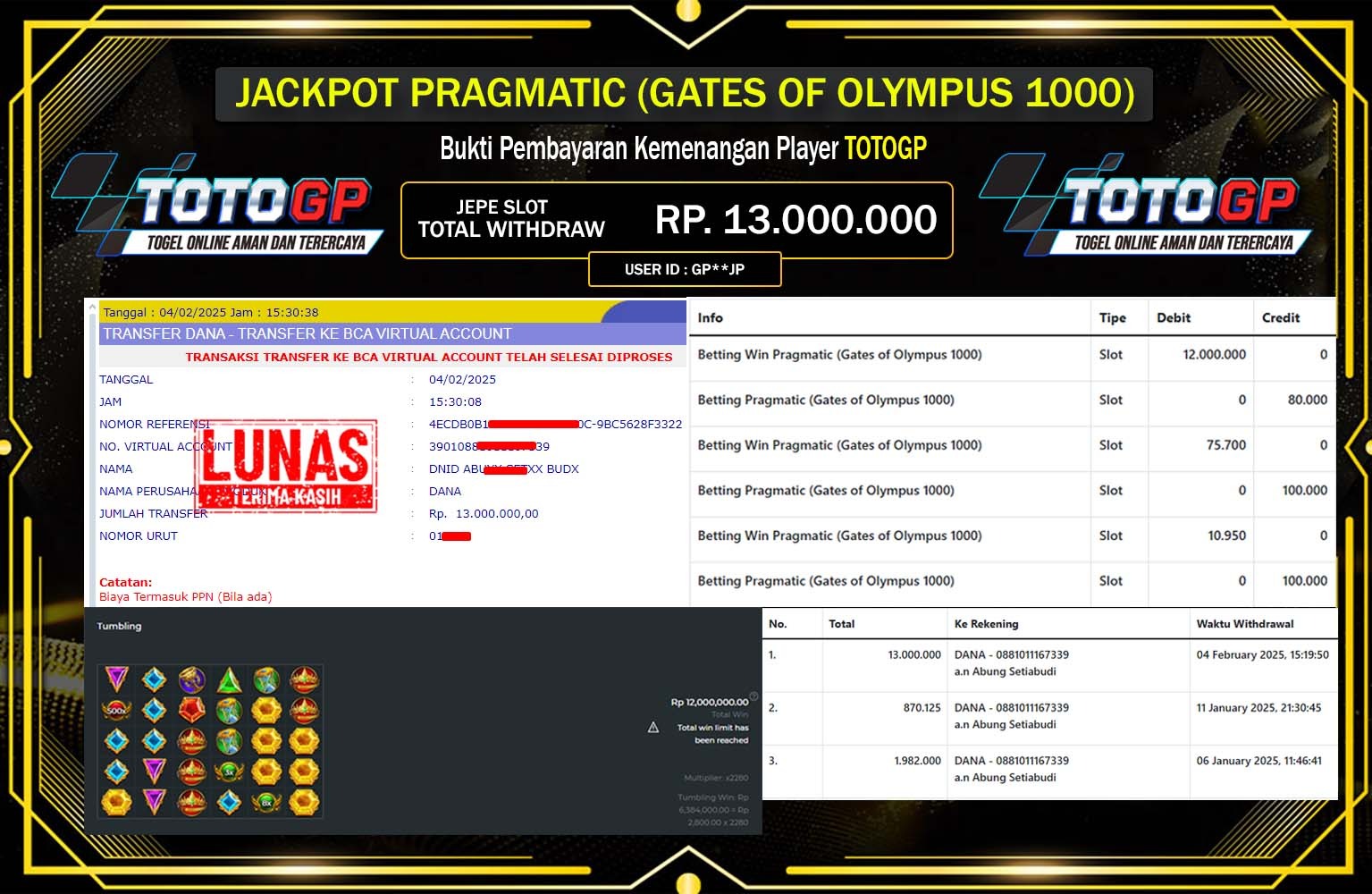 TOTOGP JACKPOT GATES OF OLYMPUS 1000 Rp.13.000.000,- LUNAS