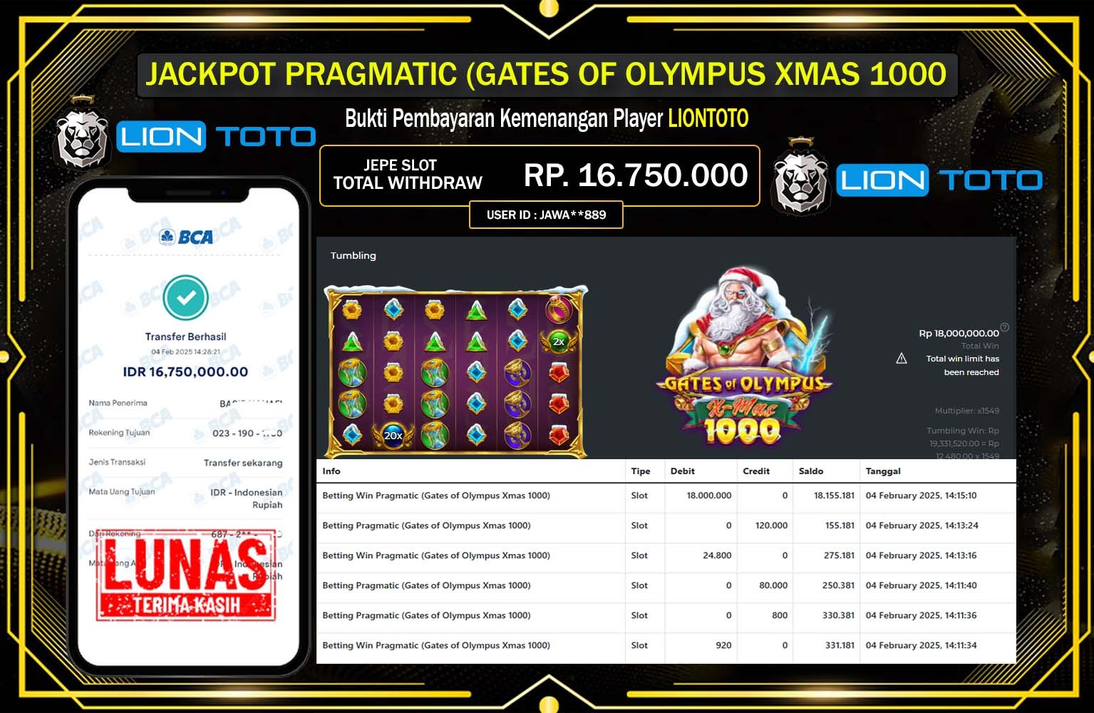 LIONTOTO JACKPOT GATES OF OLYMPUS XMAS 1000 Rp.16.750.000,- LUNAS