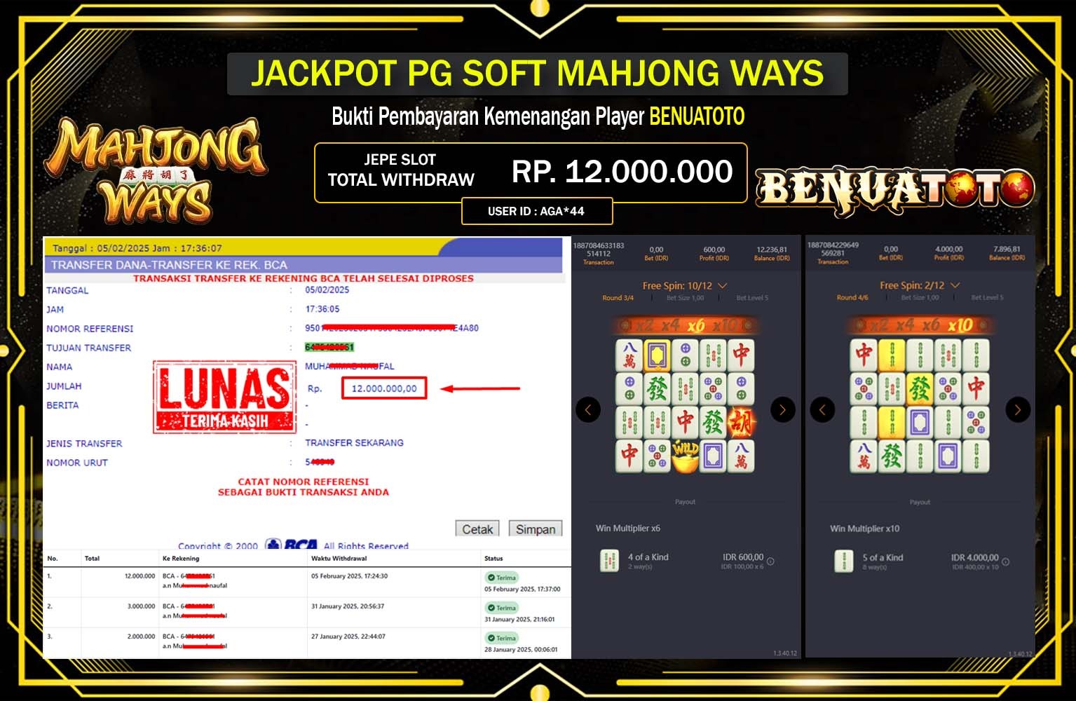 BENUATOTO JACKPOT MAHJONG WAYS Rp.12.000.000,- LUNAS