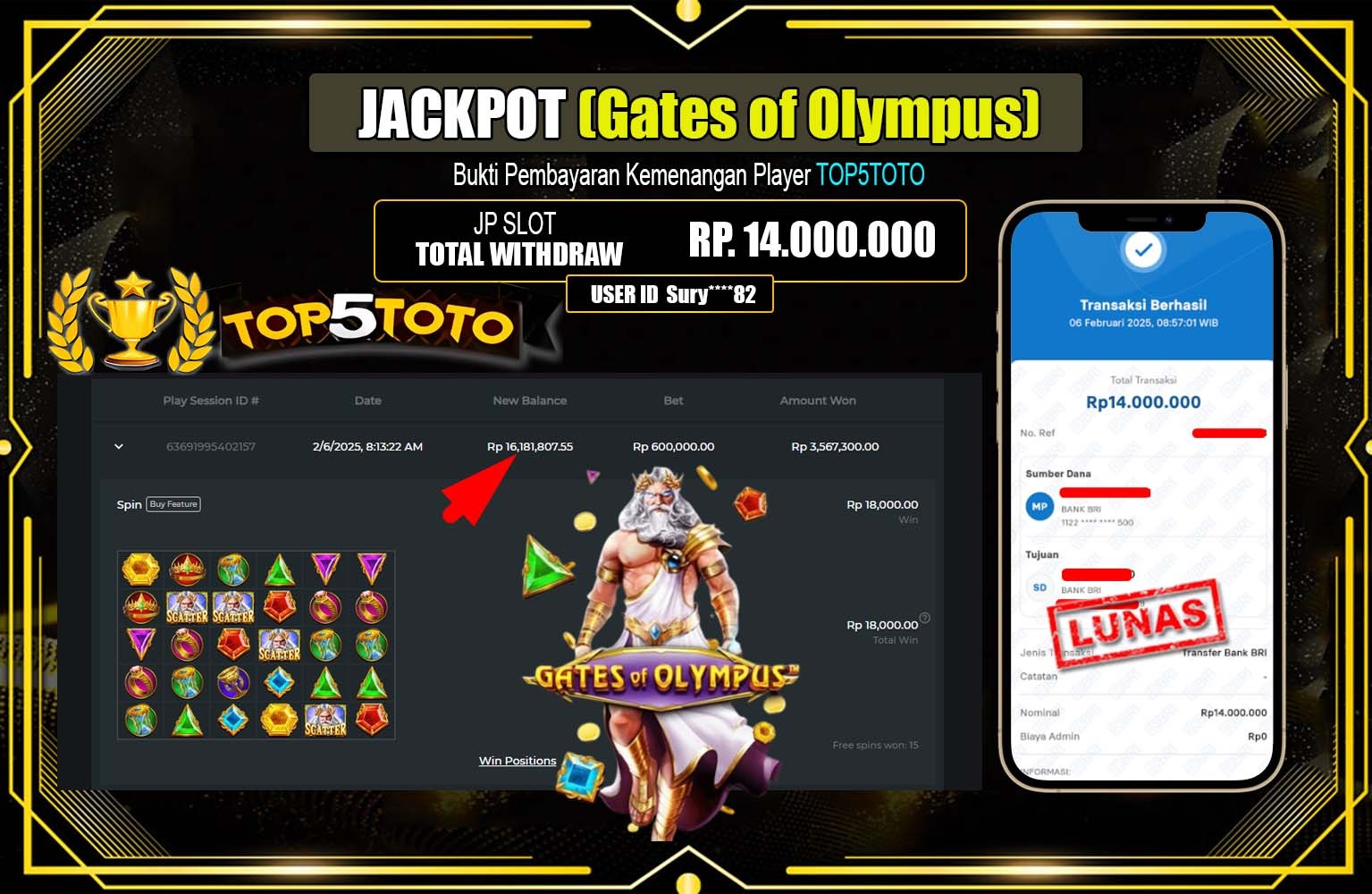 TOP5TOTO JACKPOT GATES OF OLYMPUS Rp.14.000.000,- LUNAS