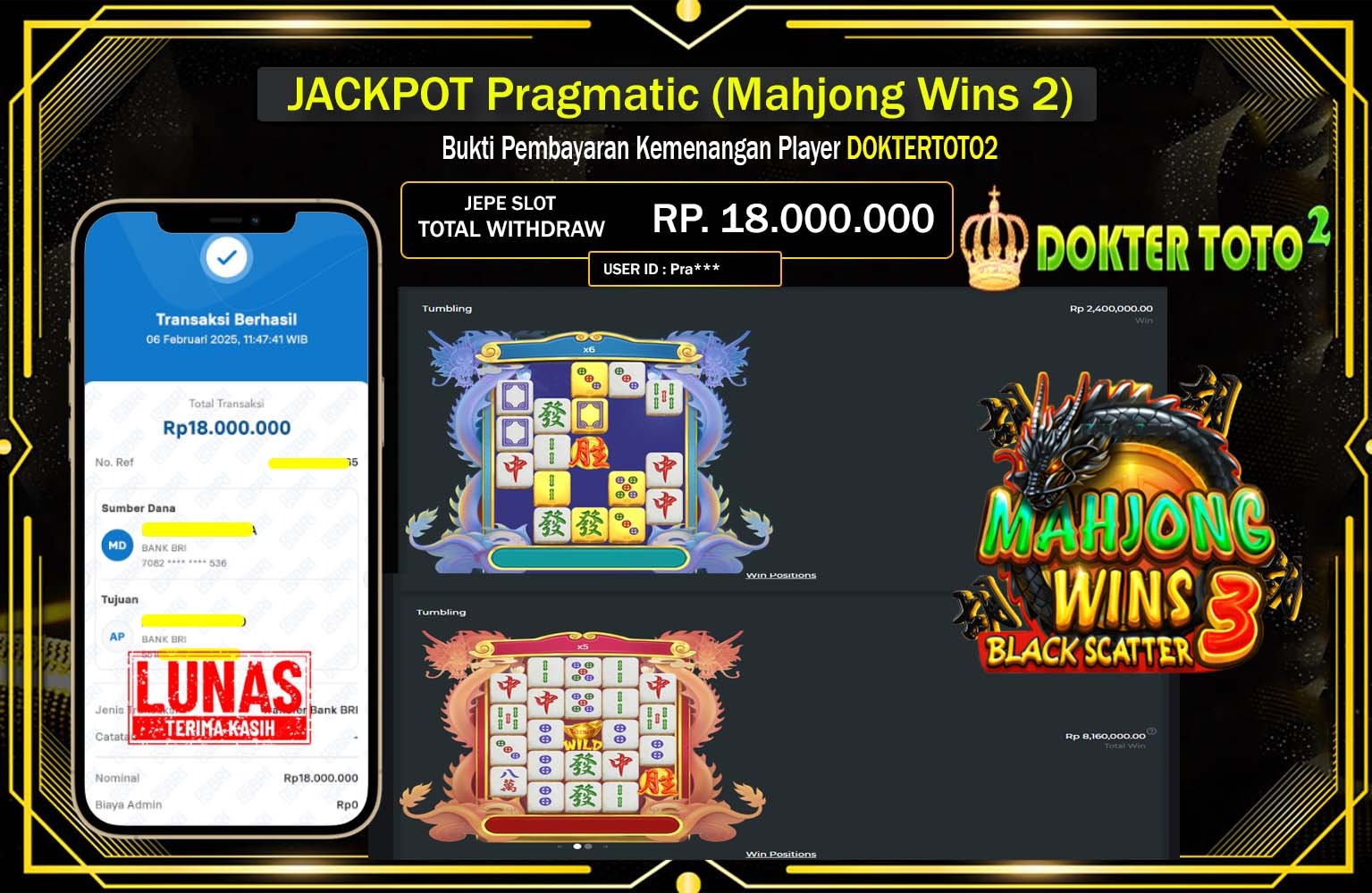 DOKTERTOTO2 JACKPOT Pragmatic (Mahjong Wins 3 - Black Scatter) Rp.18.000.000,- LUNAS