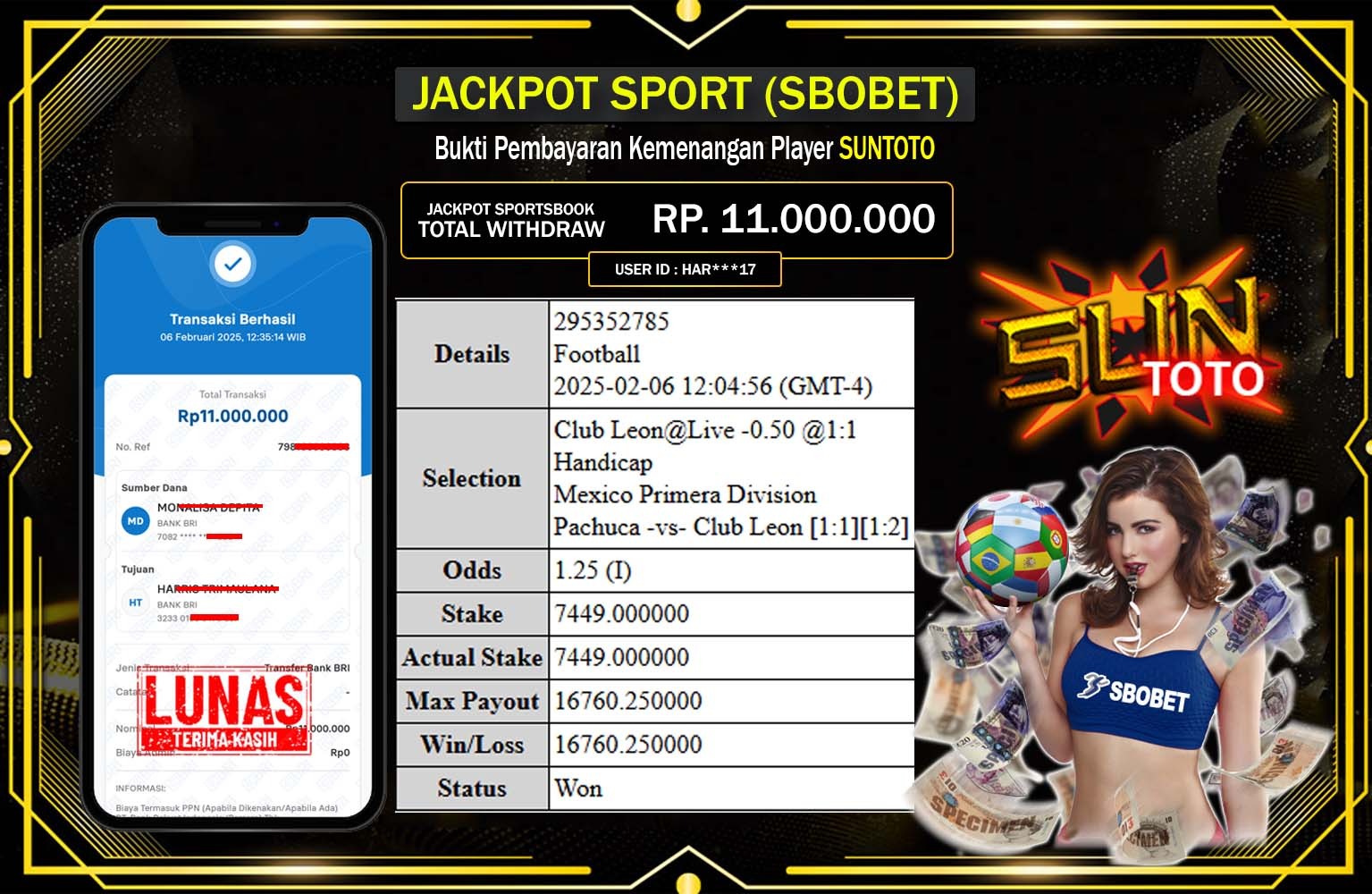 SUNTOTO JACKPOT SPORT SBOBET Rp.11.000.000,- LUNAS