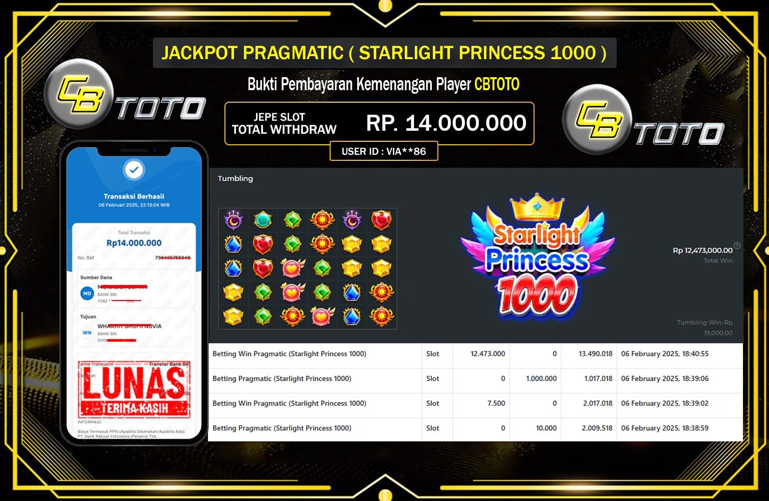 CBTOTO JACKPOT STARLIGHT PRINCESS 1000 Rp.14.000.000,- LUNAS