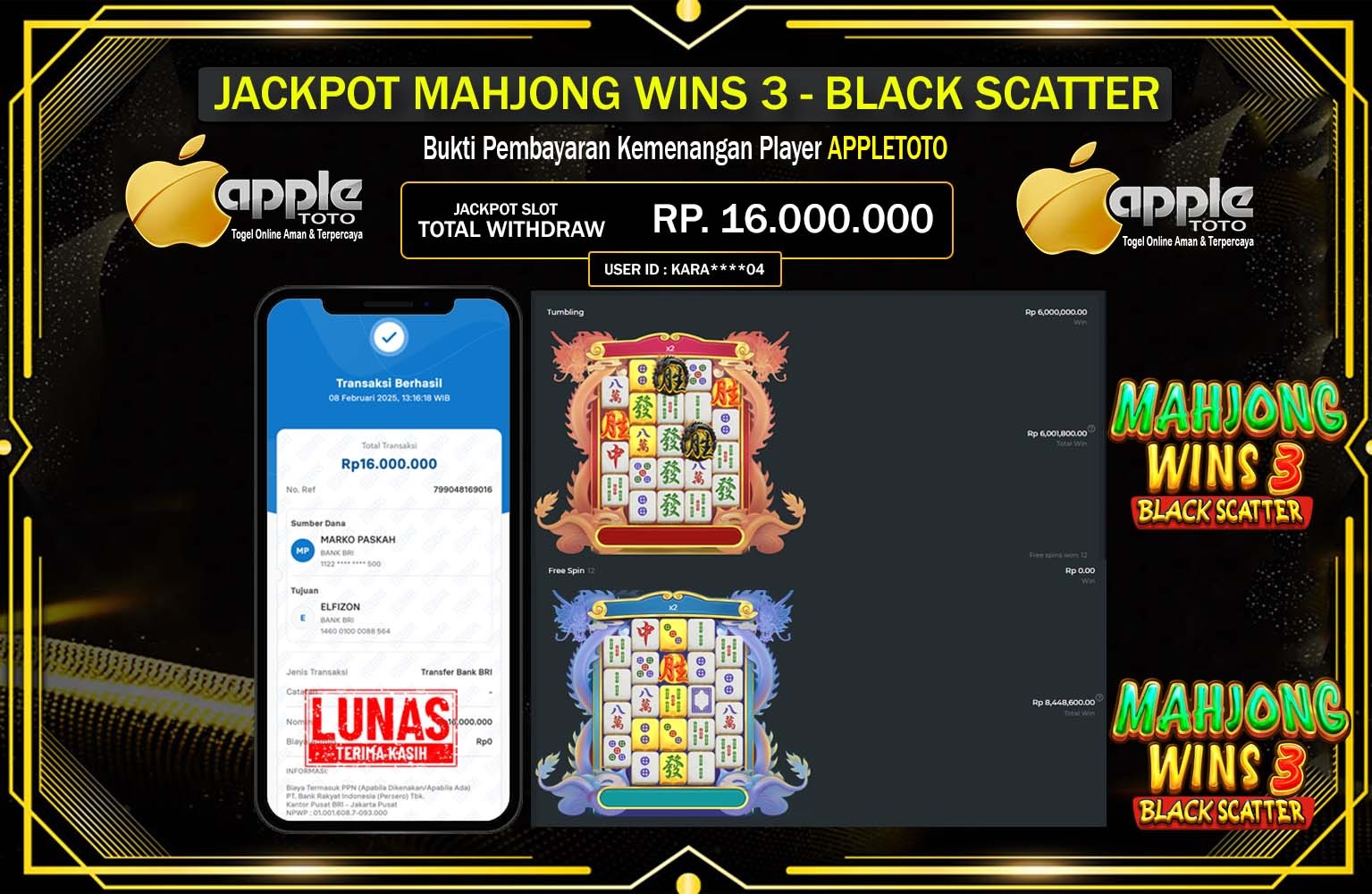 APPLETOTO JACKPOT MAHJONG WINS 3 BLACK SCATTER Rp.16.000.000,- LUNAS