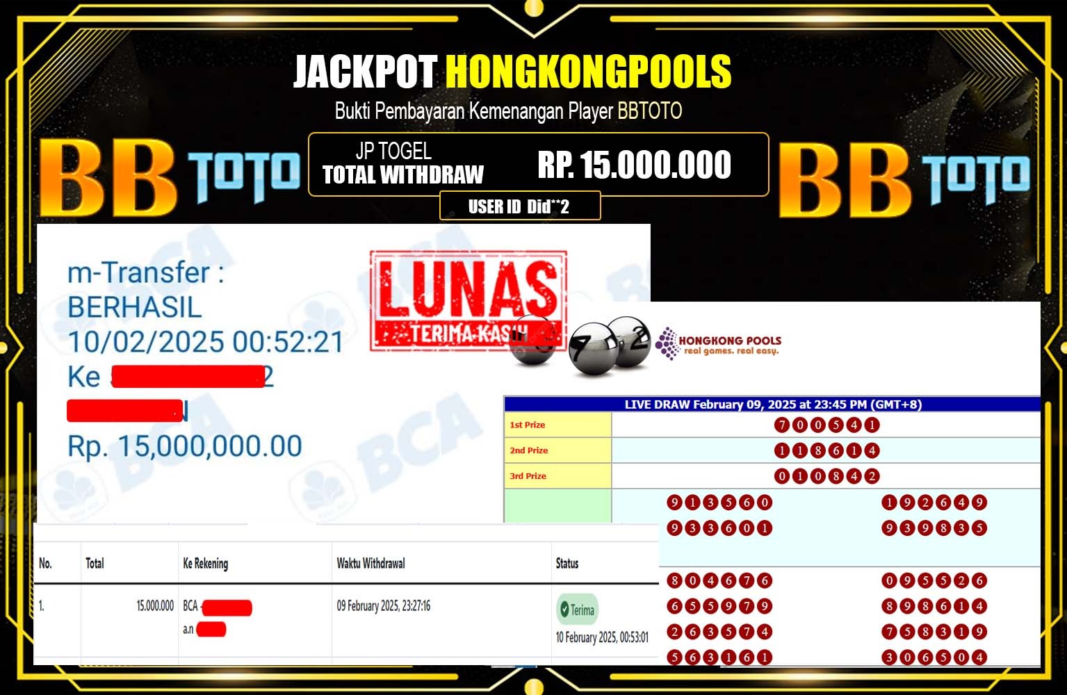 BBTOTO JACKPOT HONGKONGPOOLS  Rp.15.000.000,- LUNAS