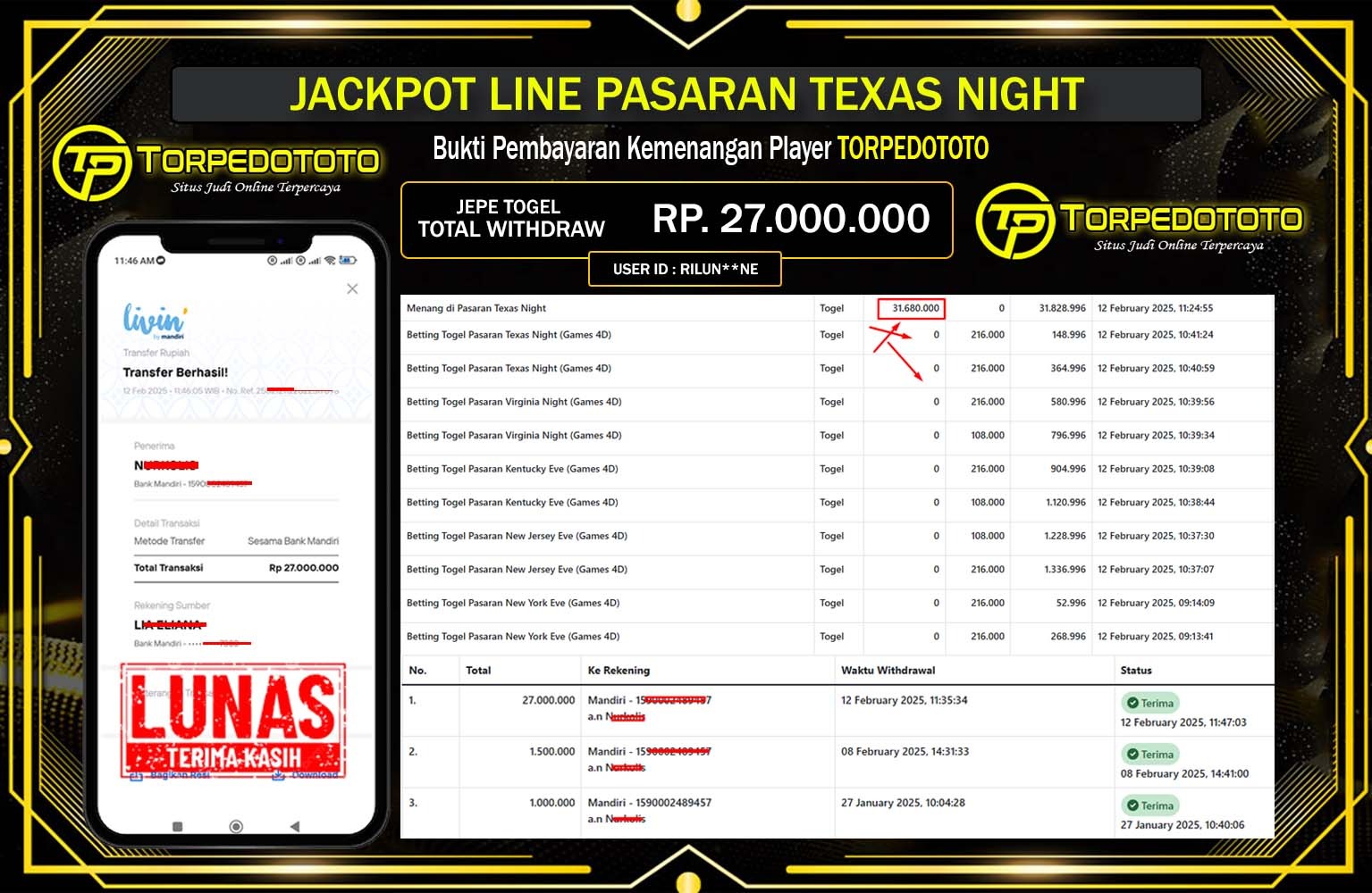 TORPEDOTOTO JACKPOT TEXAS NIGHT Rp.27.000.000,- LUNAS