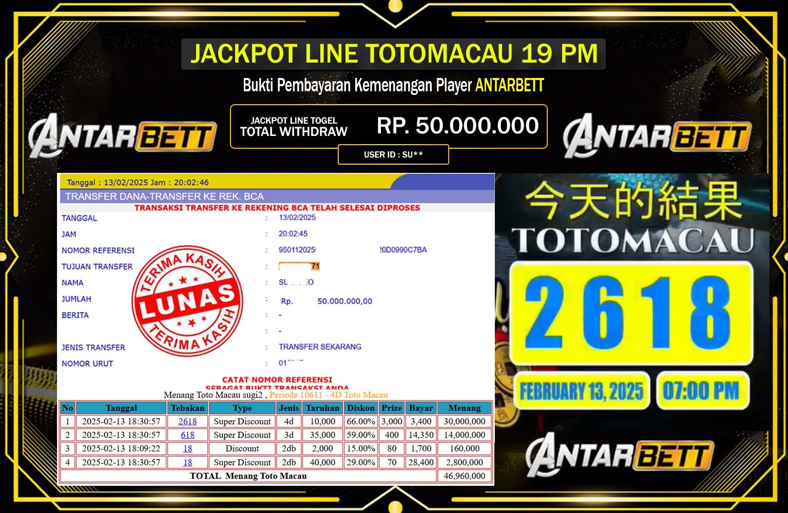 ANTARBETT JACKPOT TOTO MACAU 19 Rp.50.000.000,- LUNAS