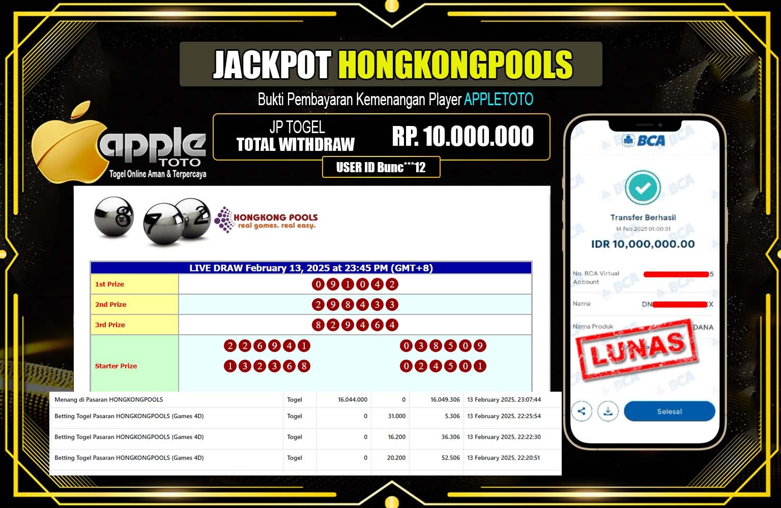 APPLETOTO JACKPOT HONGKONGPOOLS Rp.10.000.000,- LUNAS