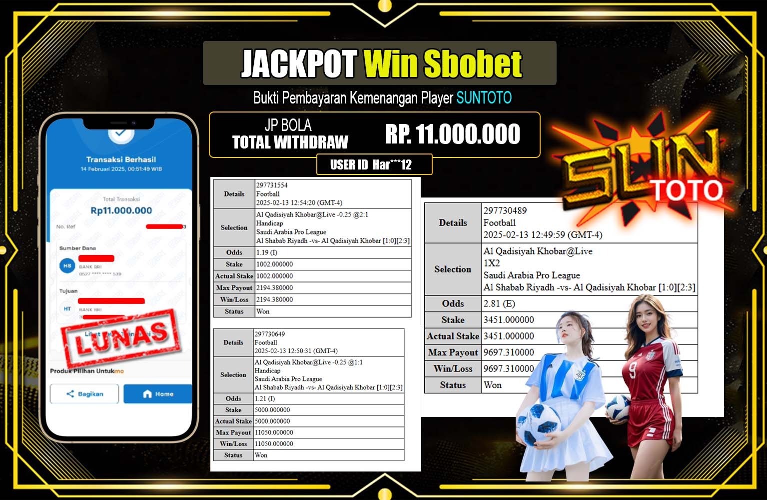 SUNTOTO JACKPOT Win Sbobet  Rp.11.000.000,- LUNAS