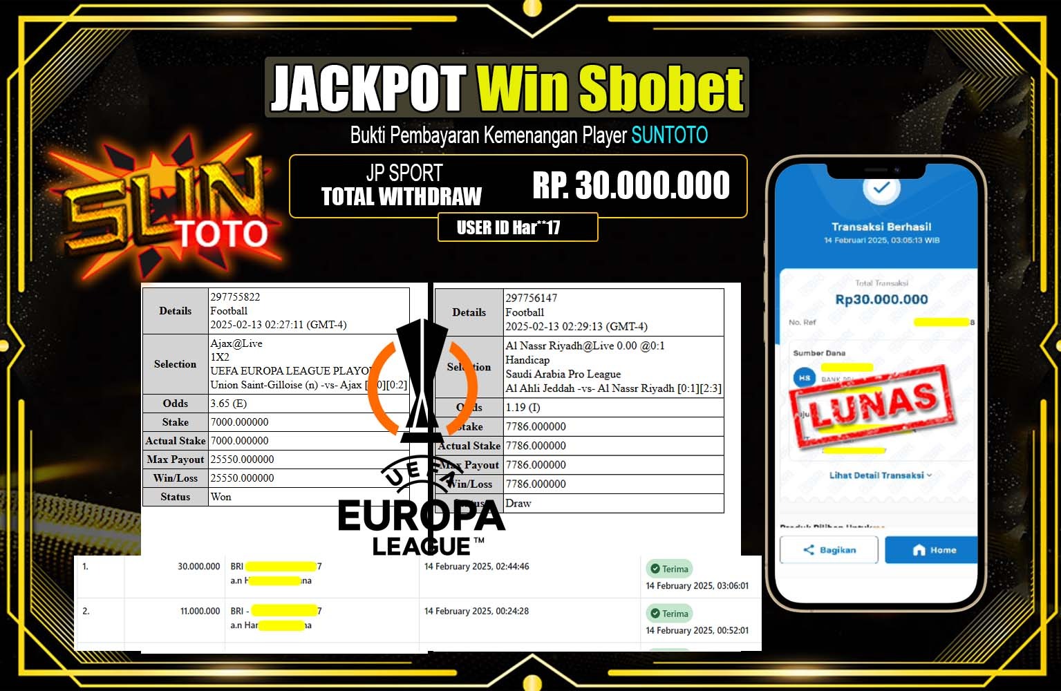 SUNTOTO JACKPOT Win Sbobet  Rp.30.000.000,- LUNAS