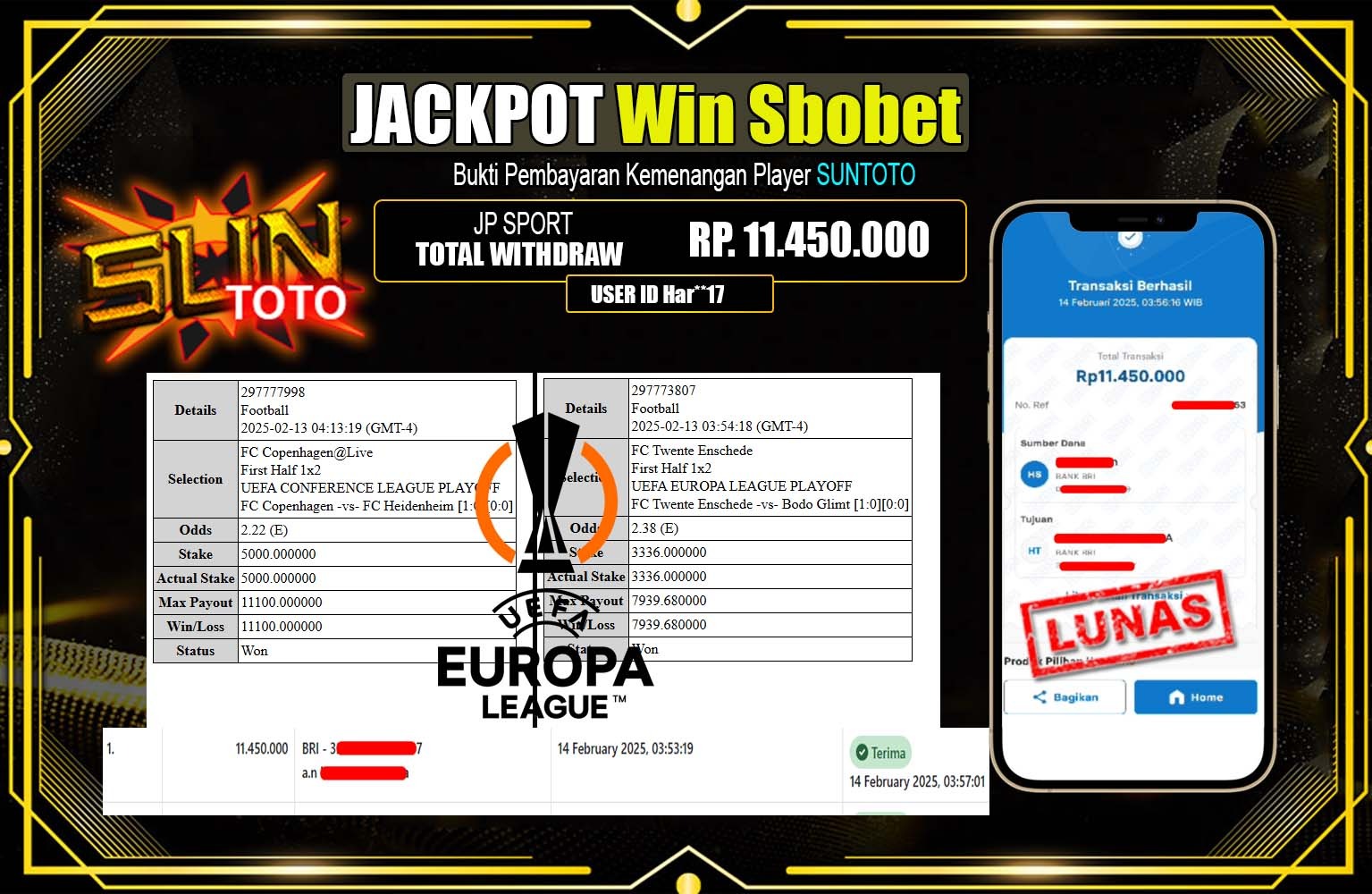 SUNTOTO JACKPOT Win Sbobet  Rp.11.450.000,- LUNAS