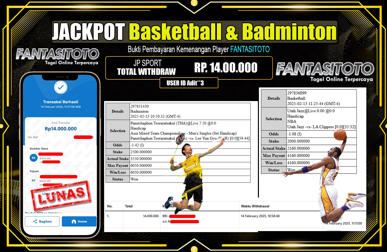 FANTASITOTO JACKPOT SBOBET Basketball & Badminton Rp.14.000.000,- LUNAS