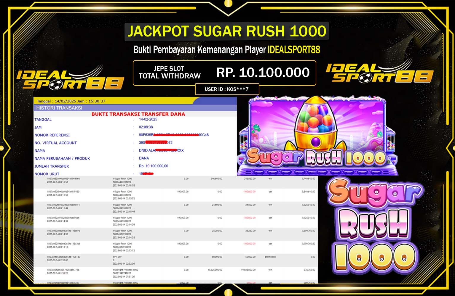 IDEALSPORT88 JACKPOT SUGAR RUSH 1000  Rp.10.100.000,- LUNAS