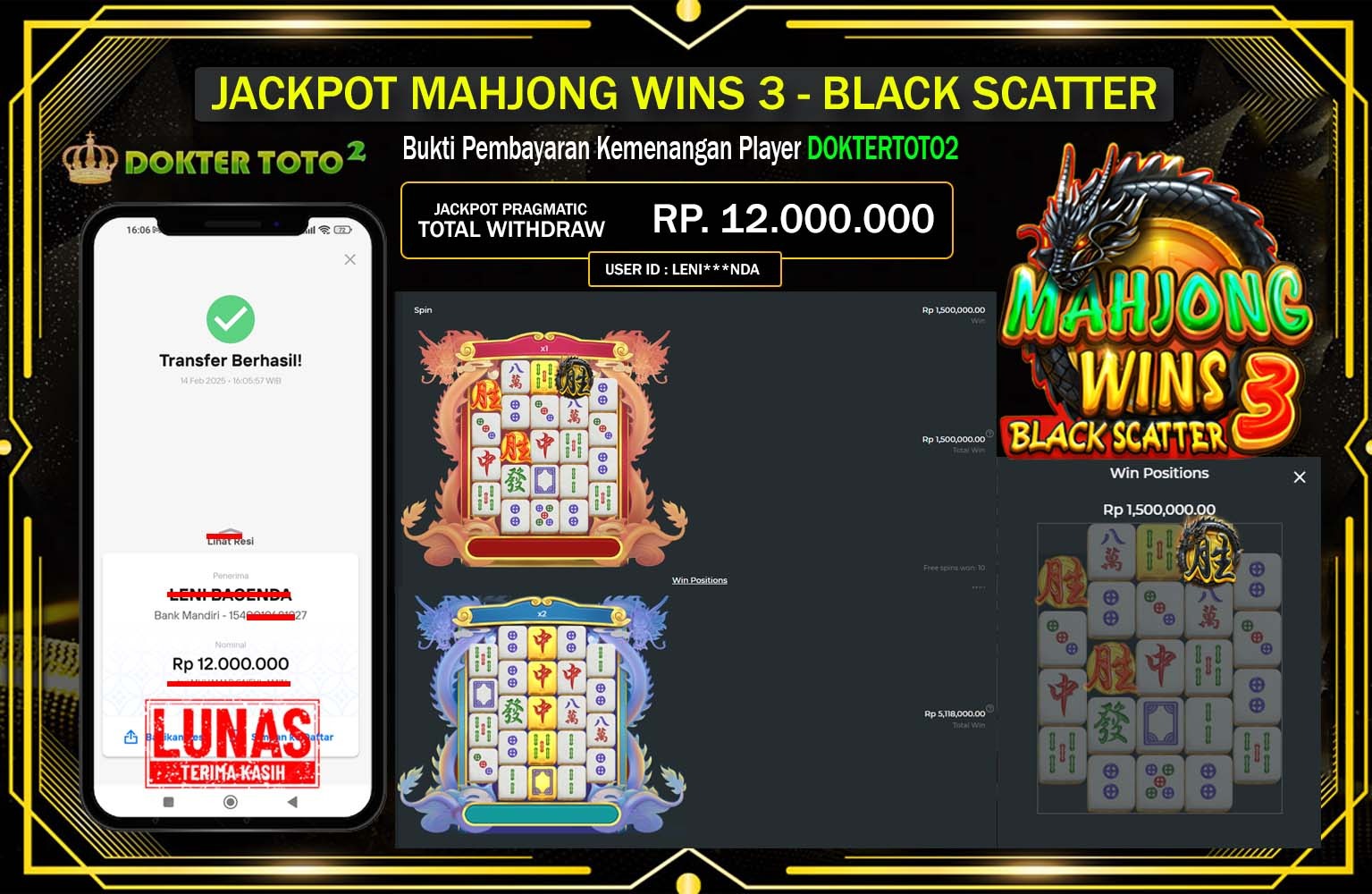 DOKTERTOTO2 JACKPOT MAHJONG WINS 3 BLACK SCATTER Rp.12.000.000,- LUNAS