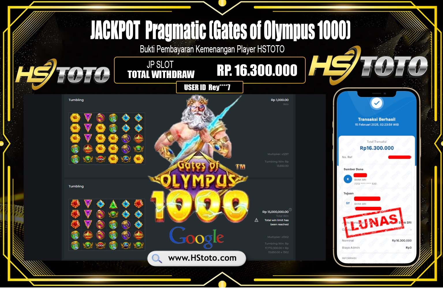 HSTOTO JACKPOT Pragmatic (Gates of Olympus 1000) Rp.16.300.000,- LUNAS