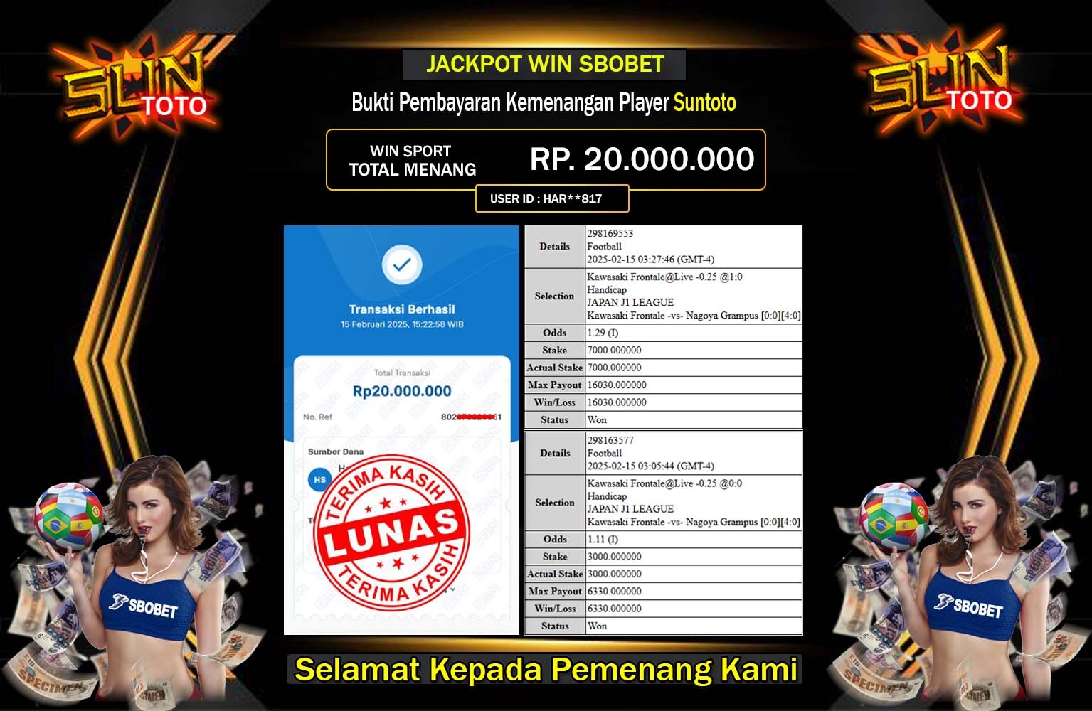 SUNTOTO JACKPOT WIN SBOBET Rp.20.000.000,- LUNAS