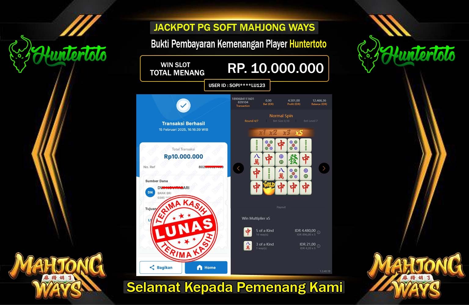 HUNTERTOTO JACKPOT MAHJONG WAYS Rp.10.000.000,- LUNAS