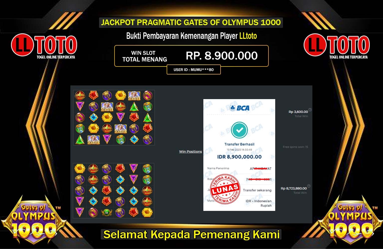 LLTOTO JACKPOT GATES OF OLYMPUS 1000 Rp.8.900.000,- LUNAS