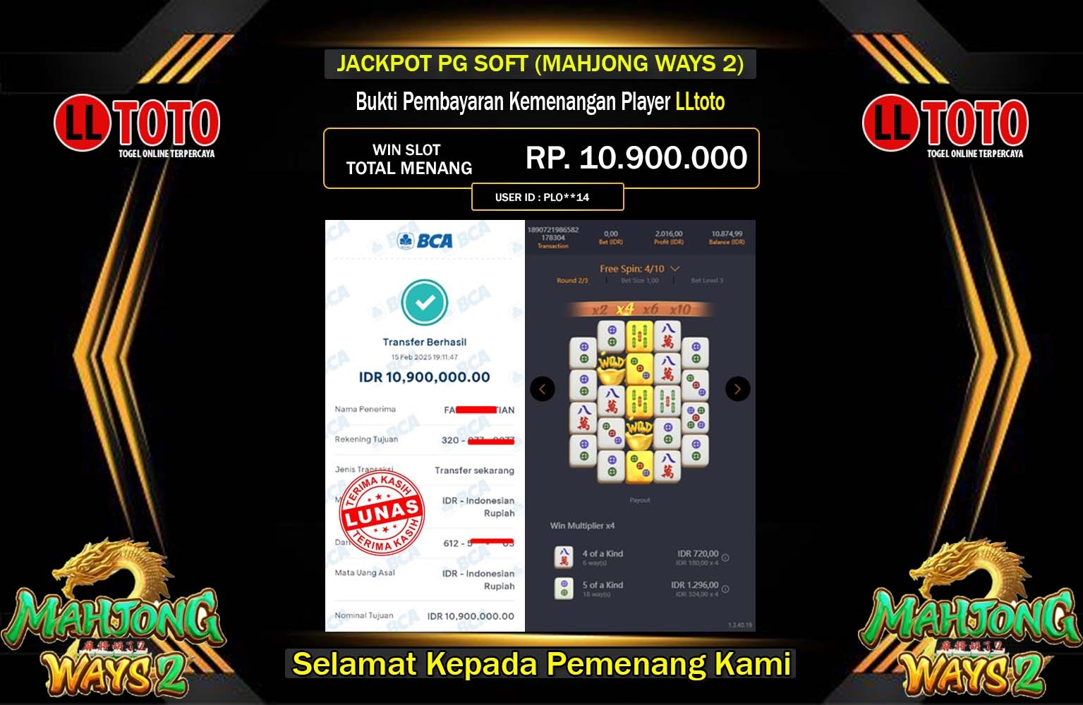 LLTOTO JACKPOT MAHJONG WAYS 2 Rp.10.900.000,- LUNAS