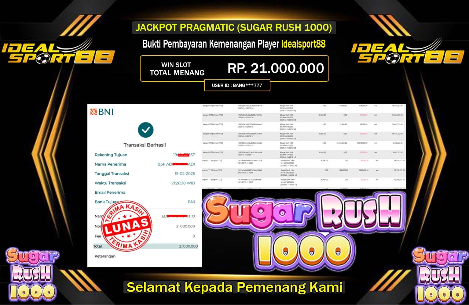 IDEALSPORT88 JACKPOT SUGAR RUSH 1000  Rp.21.000.000,- LUNAS