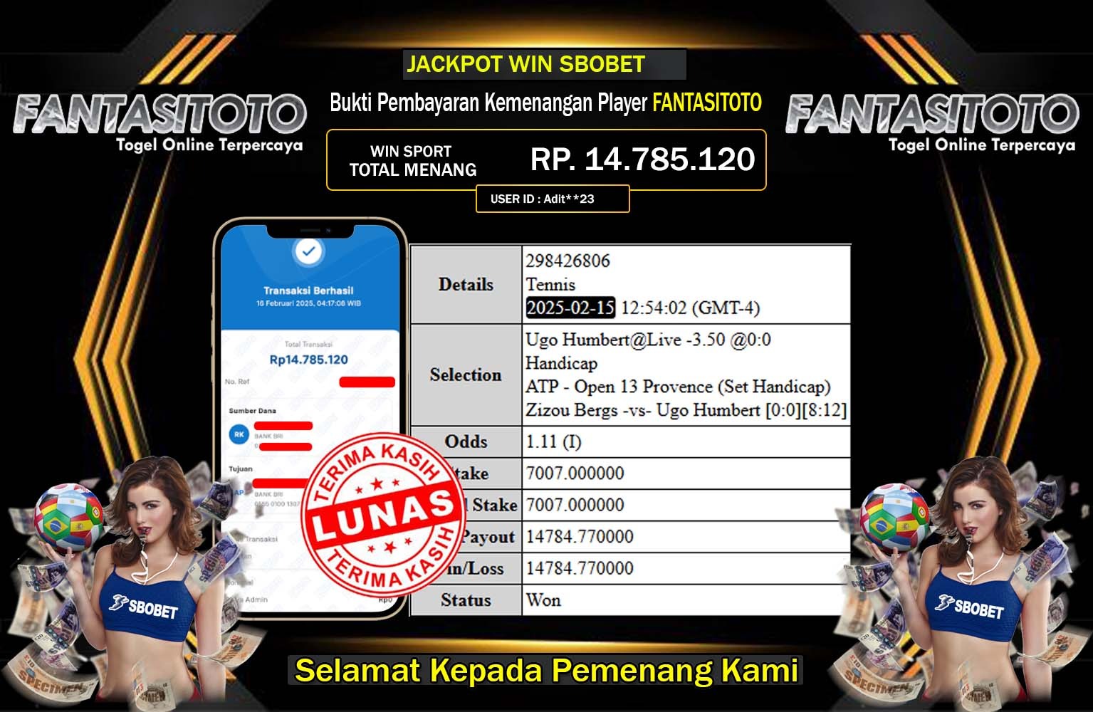 FANTASITOTO JACKPOT SBOBET Rp.14.785.120,- LUNAS