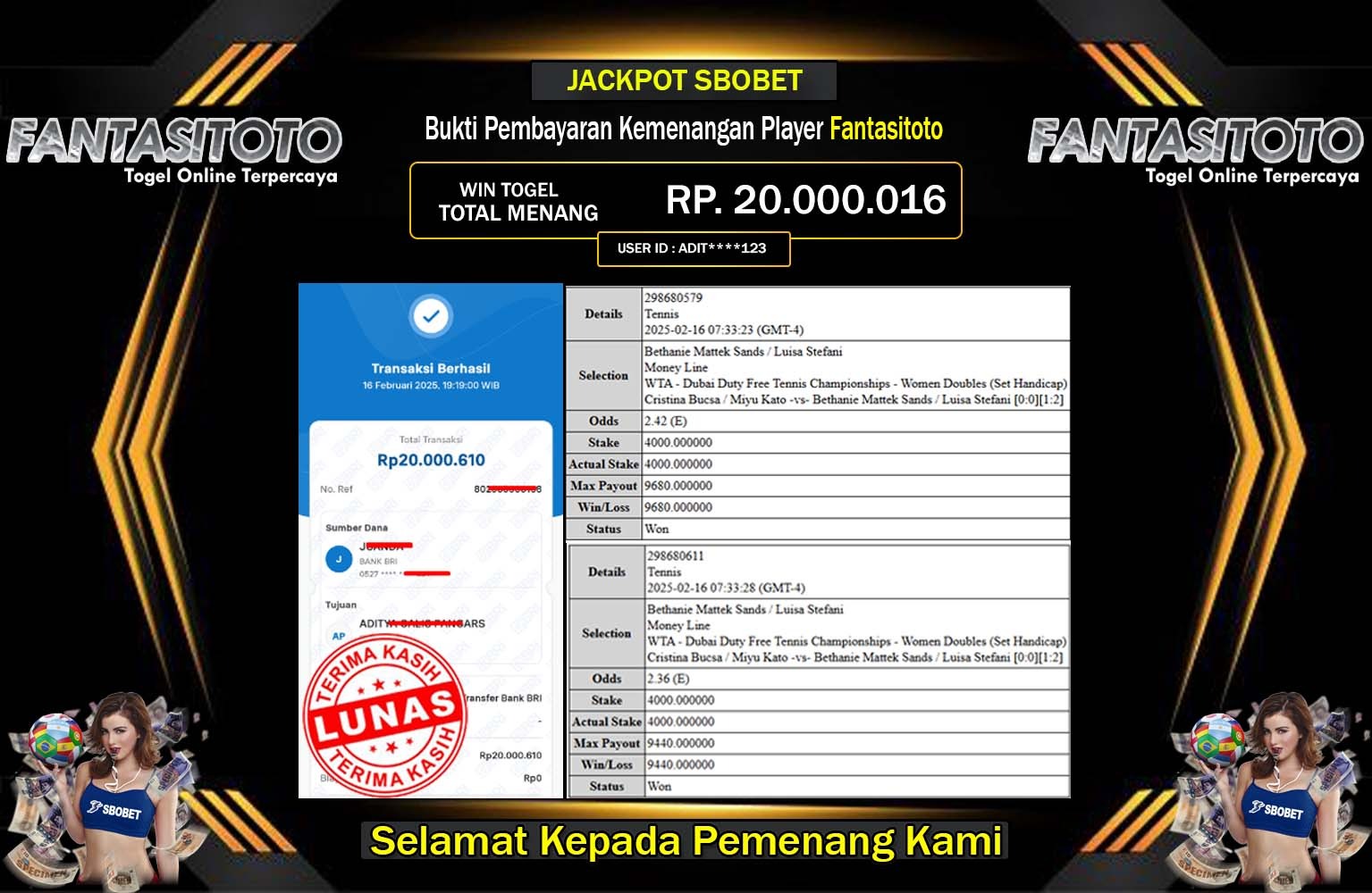 FANTASITOTO JACKPOT SBOBET Rp.20.000.060,- LUNAS