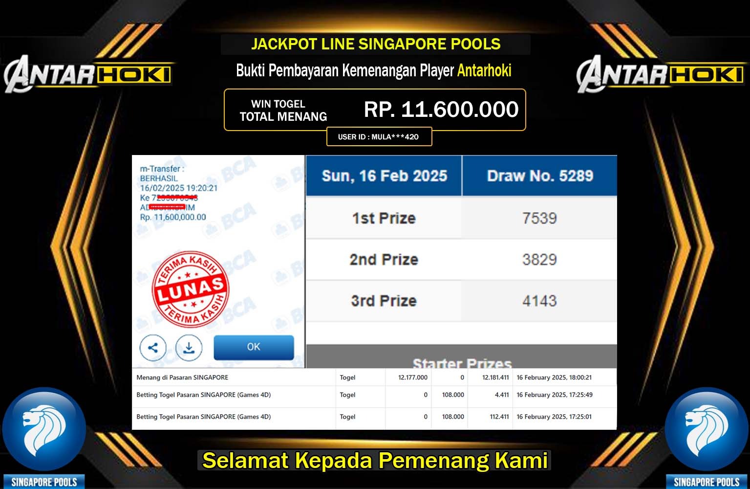 ANTARHOKI JACKPOT SINGAPORE POOLS  Rp.11.600.000,- LUNAS