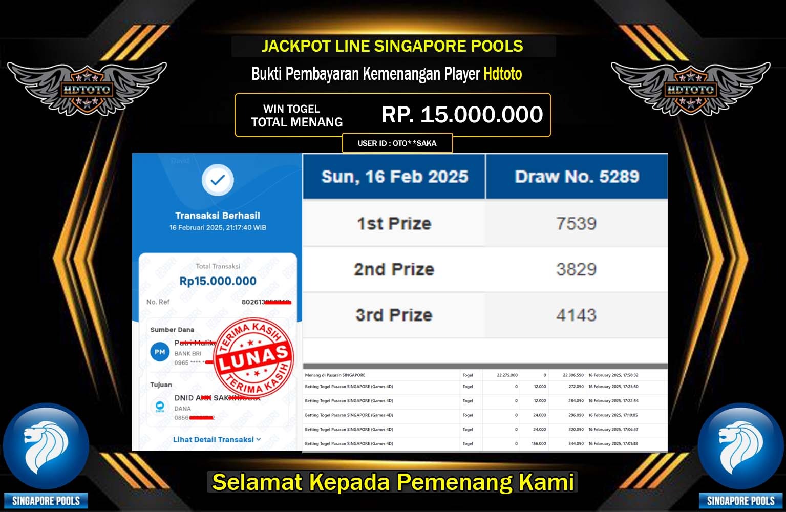 HDTOTO JACKPOT SINGAPORE POOLS Rp.15.000.000,- LUNAS