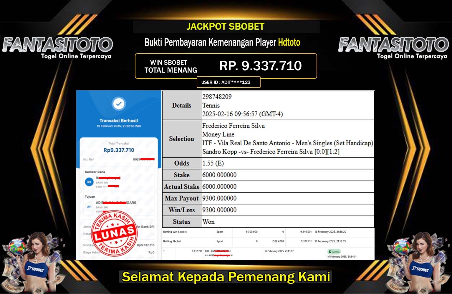 FANTASITOTO JACKPOT SBOBET Rp.9.337.710,- LUNAS