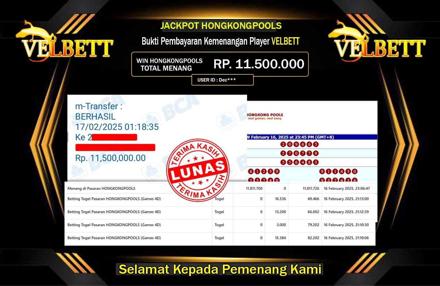 VELBETT JACKPOT HONGKONGPOOLS  Rp.11.500.000,- LUNAS