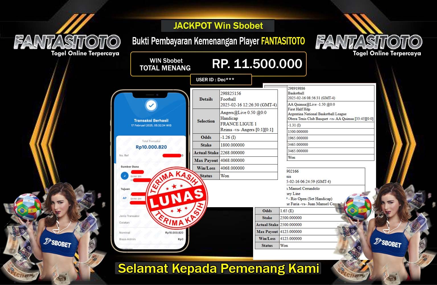 FANTASITOTO JACKPOT SBOBET Rp.10.000.820,- LUNAS