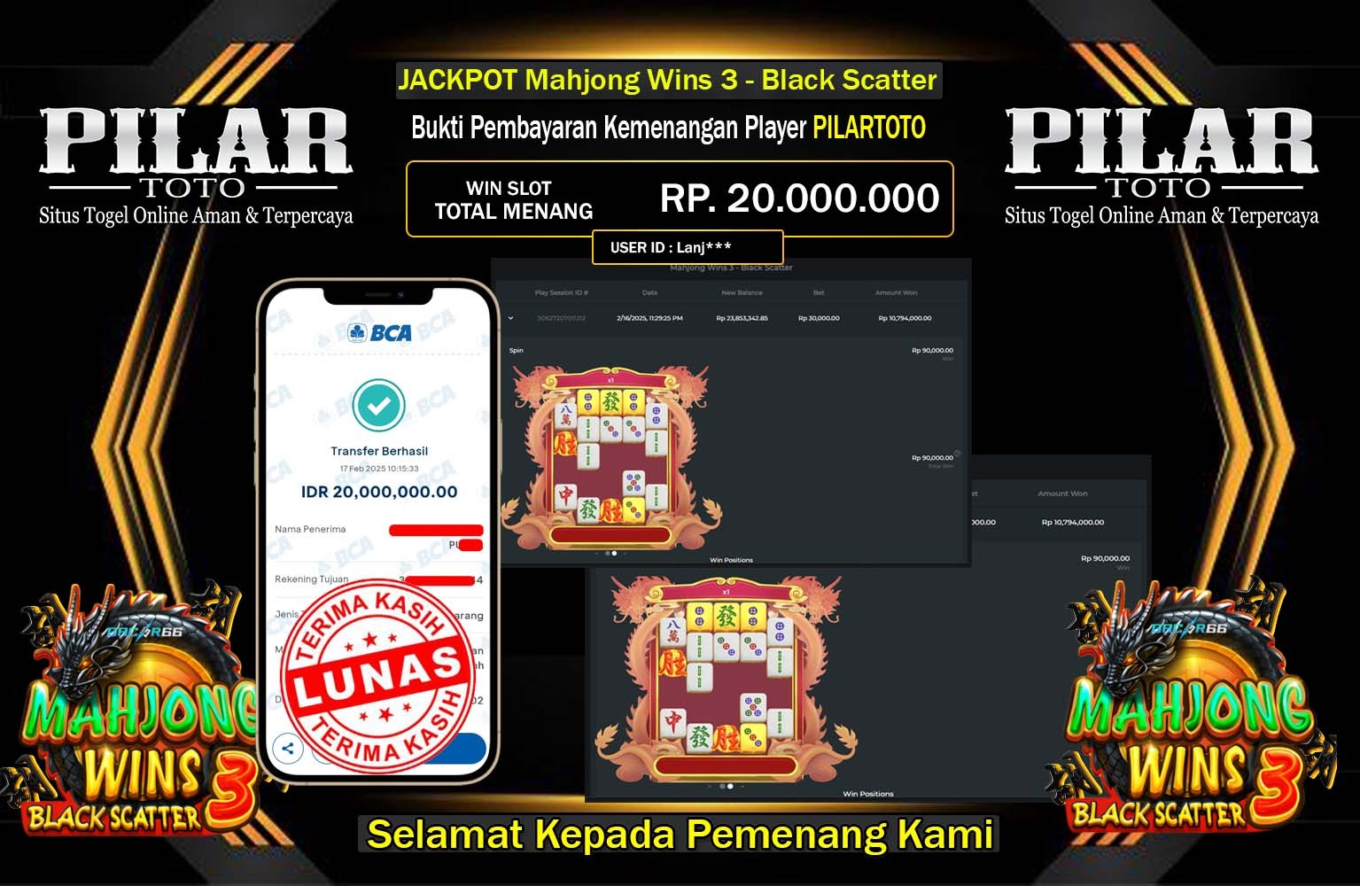 PILARTOTO JACKPOT MAHJONG WINS 3 BLACK SCATTER Rp.20.000.000,- LUNAS