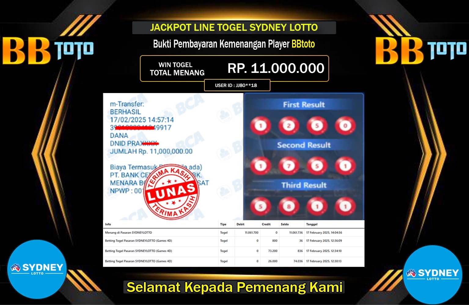 BBTOTO JACKPOT SYDNEY LOTTO Rp.11.000.000,- LUNAS