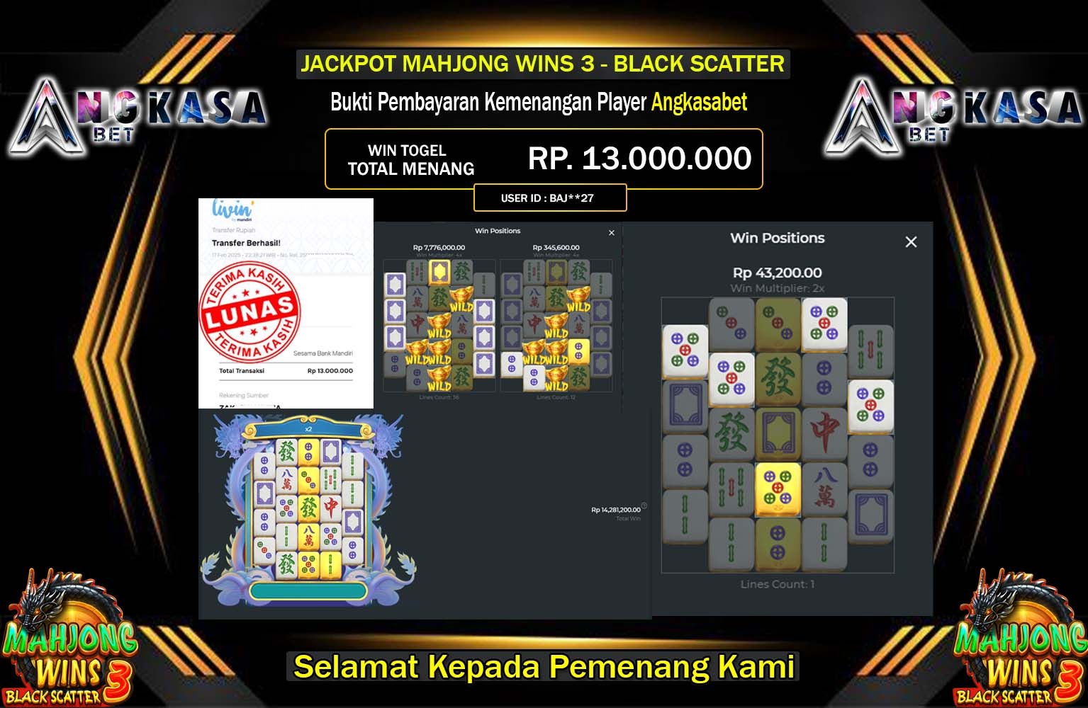 ANGKASABET JACKPOT MAHJONG WINS 3 - BLACK SCATTER Rp.13.000.000,- LUNAS