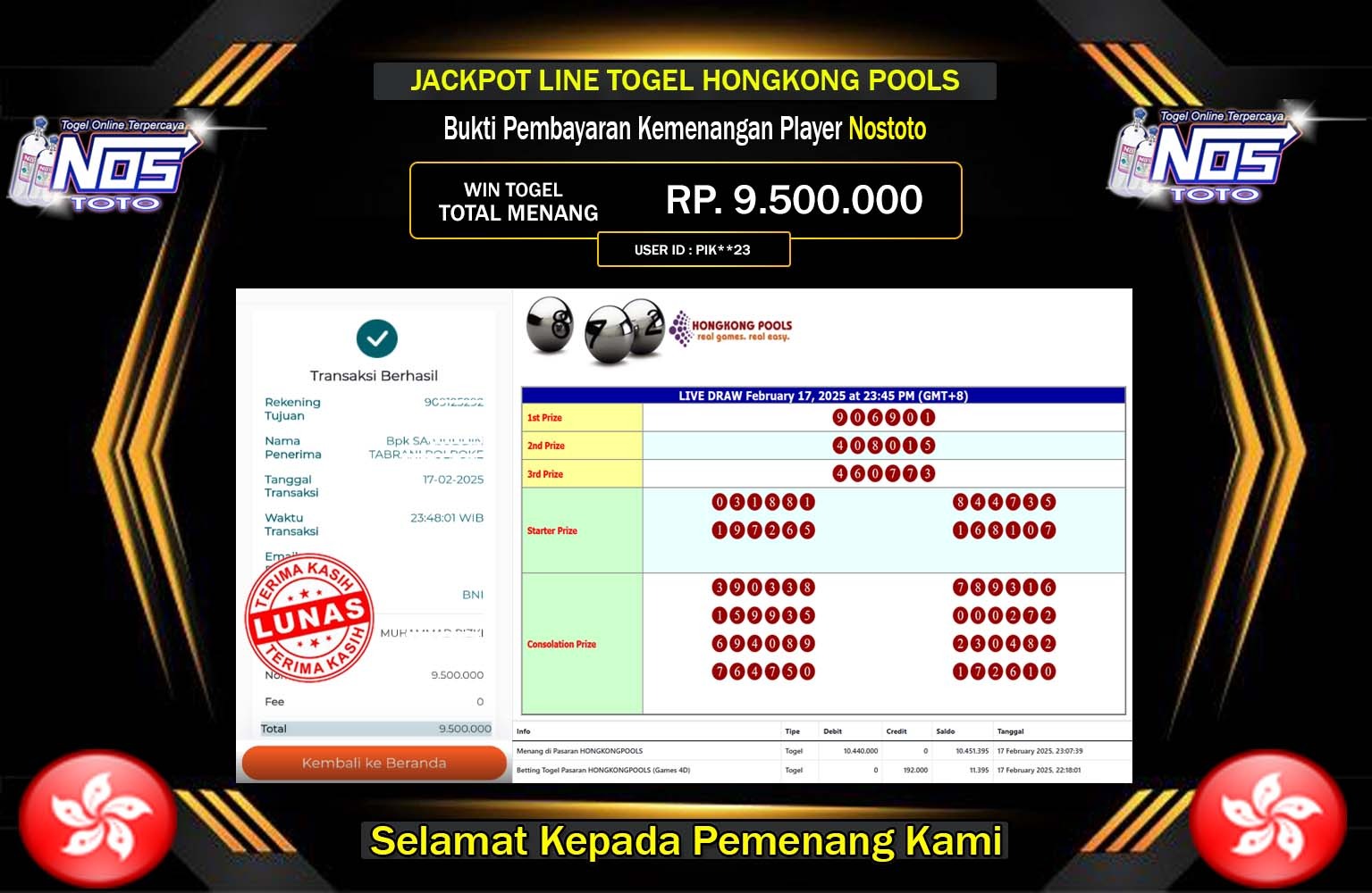 NOSTOTO JACKPOT HONGKONG POOLS Rp.9.500.000,- LUNAS