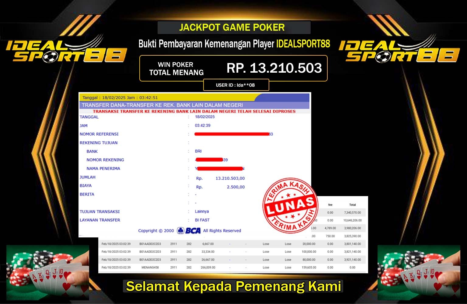 IDEALSPORT88 JACKPOT GAME POKER Rp.13.210.503,- LUNAS