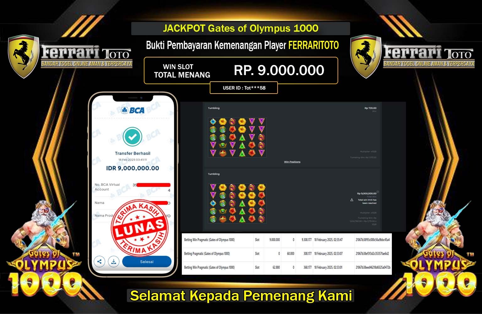 FERRARITOTO JACKPOT Gates of Olympus 1000 Rp.9.000.000,- LUNAS