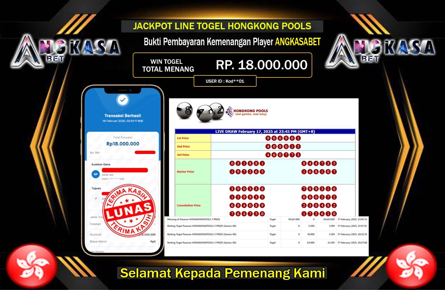 ANGKASABET JACKPOT TOGEL HONGKONGPOOLS Rp.18.000.000,- LUNAS