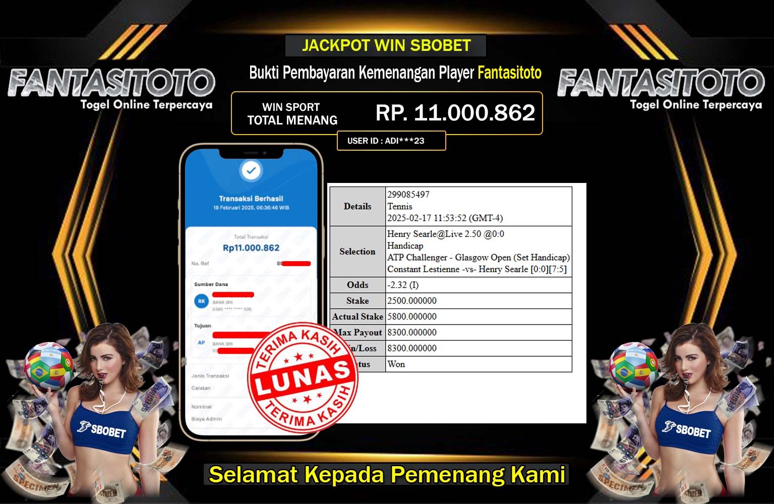 FANTASITOTO JACKPOT SBOBET Rp.11.000.862,- LUNAS