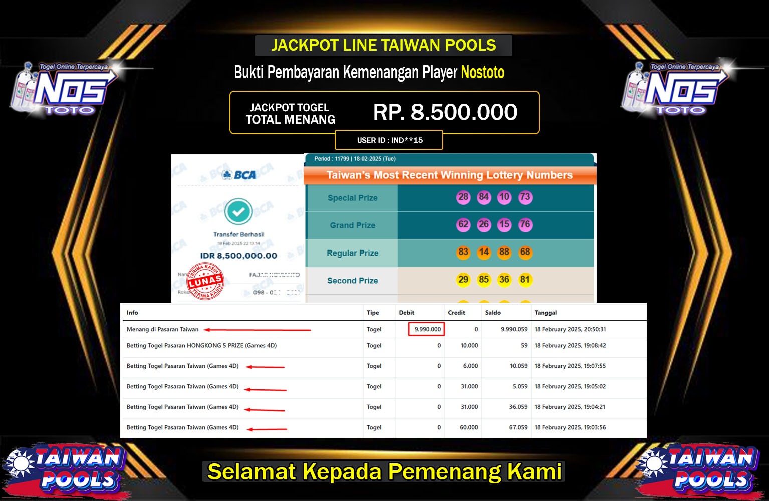 NOSTOTO JACKPOT TAIWAN POOLS Rp.8.500.000,- LUNAS